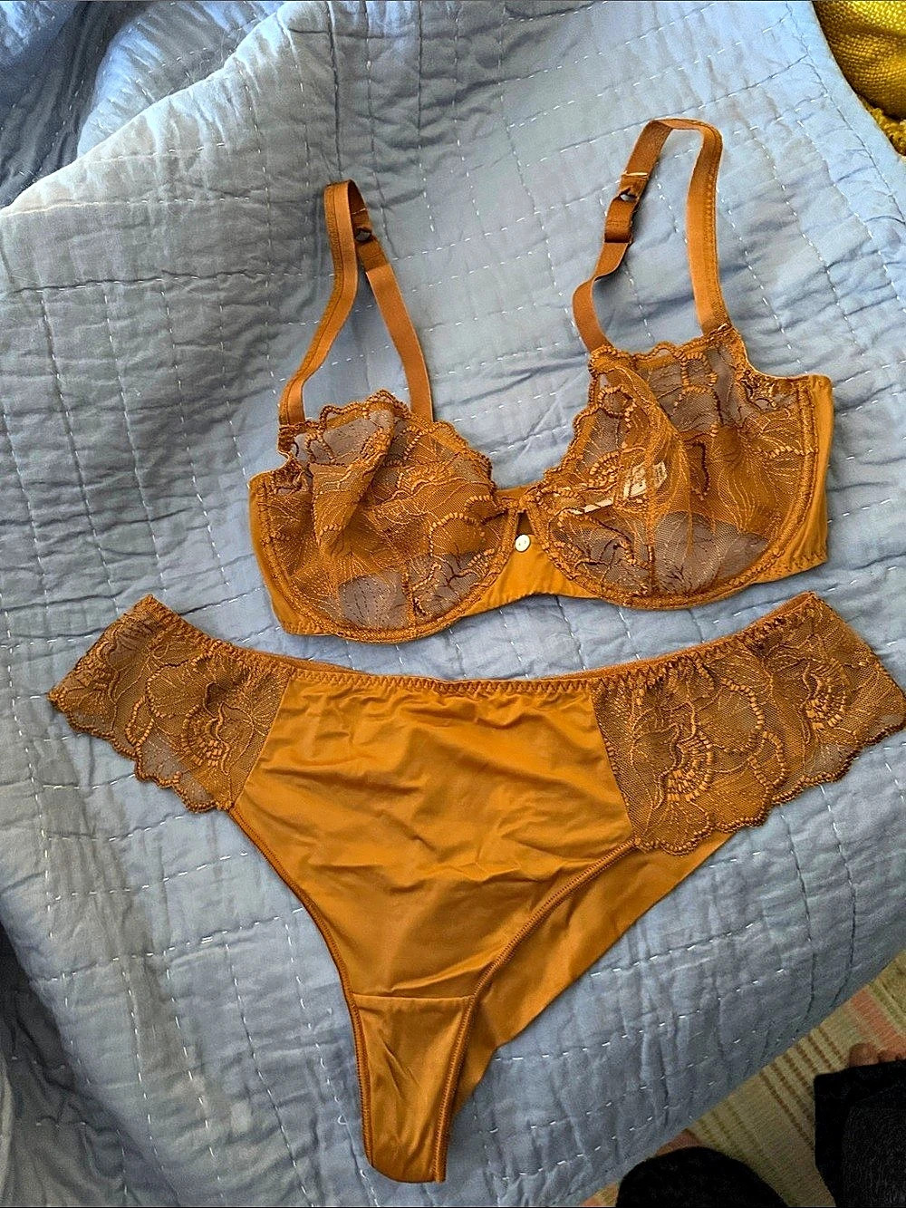Maison Lejaby bronze Flora Demi-Cup Bra and thong Brief Set Orange 36D/XL